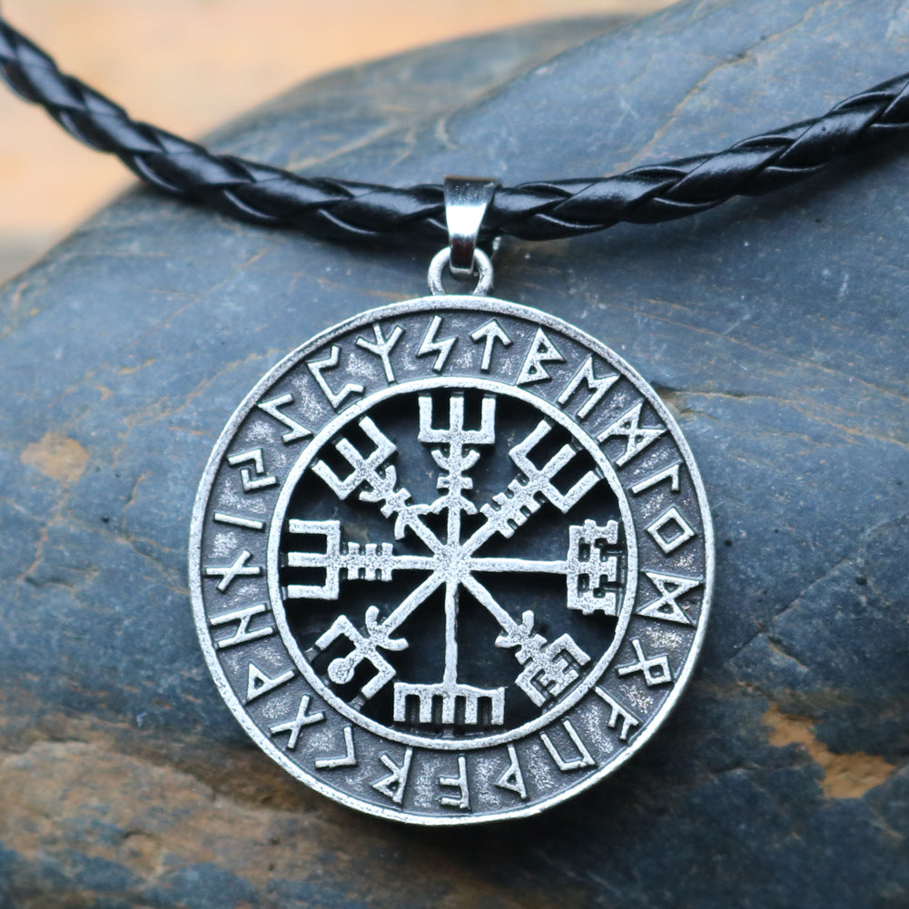 Viking Compass Odin Logo Necklace - Nordic Runavon Metal Pendant