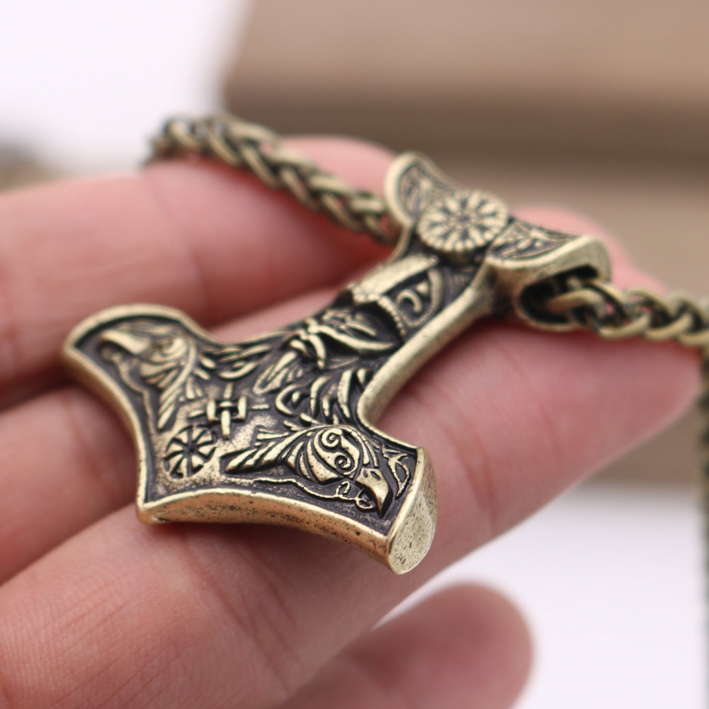 Norse Legacy Double-sided Viking Odin Crow and Thor Hammer Pendant Necklace for Men