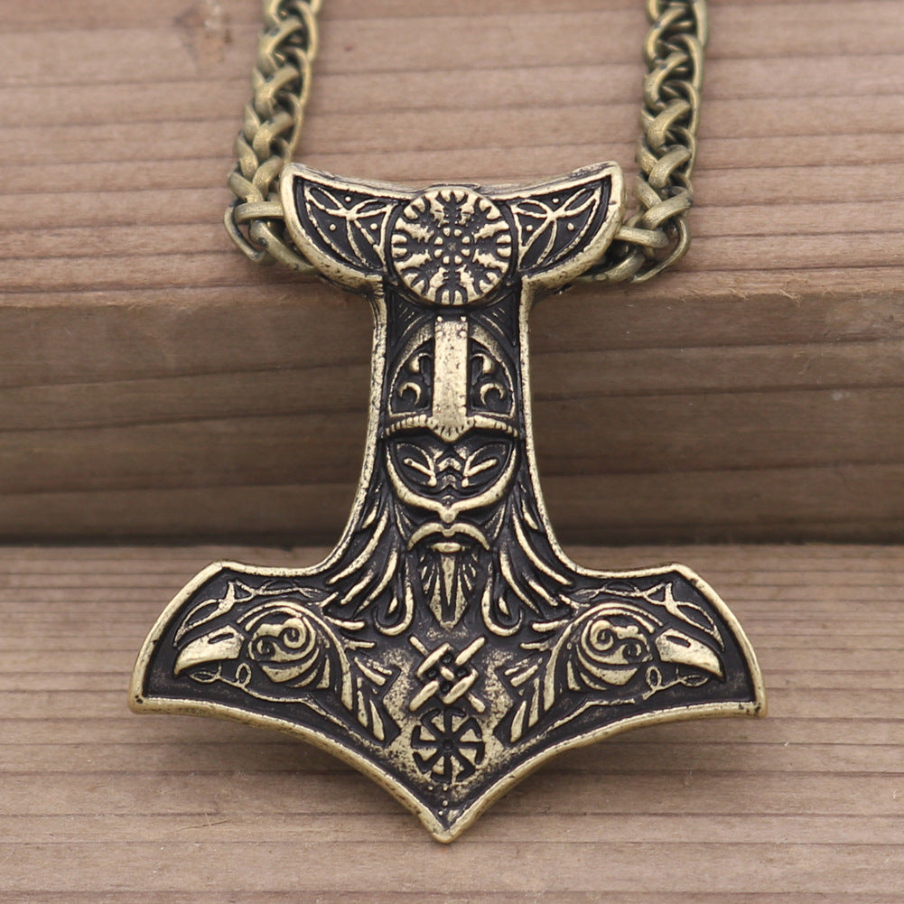 Norse Legacy Double-sided Viking Odin Crow and Thor Hammer Pendant Necklace for Men