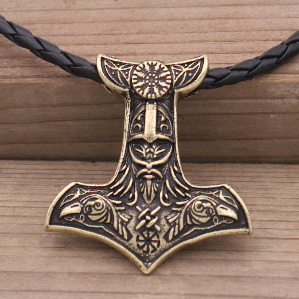 Norse Legacy Double-sided Viking Odin Crow and Thor Hammer Pendant Necklace for Men