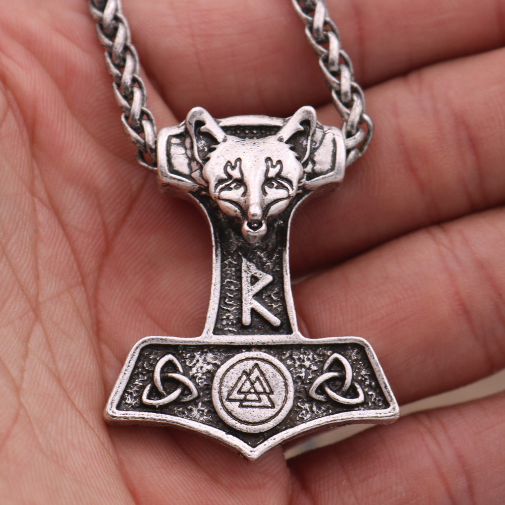 Viking Thor's Hammer Necklace with Norse Symbols - Men's Metal Amulet