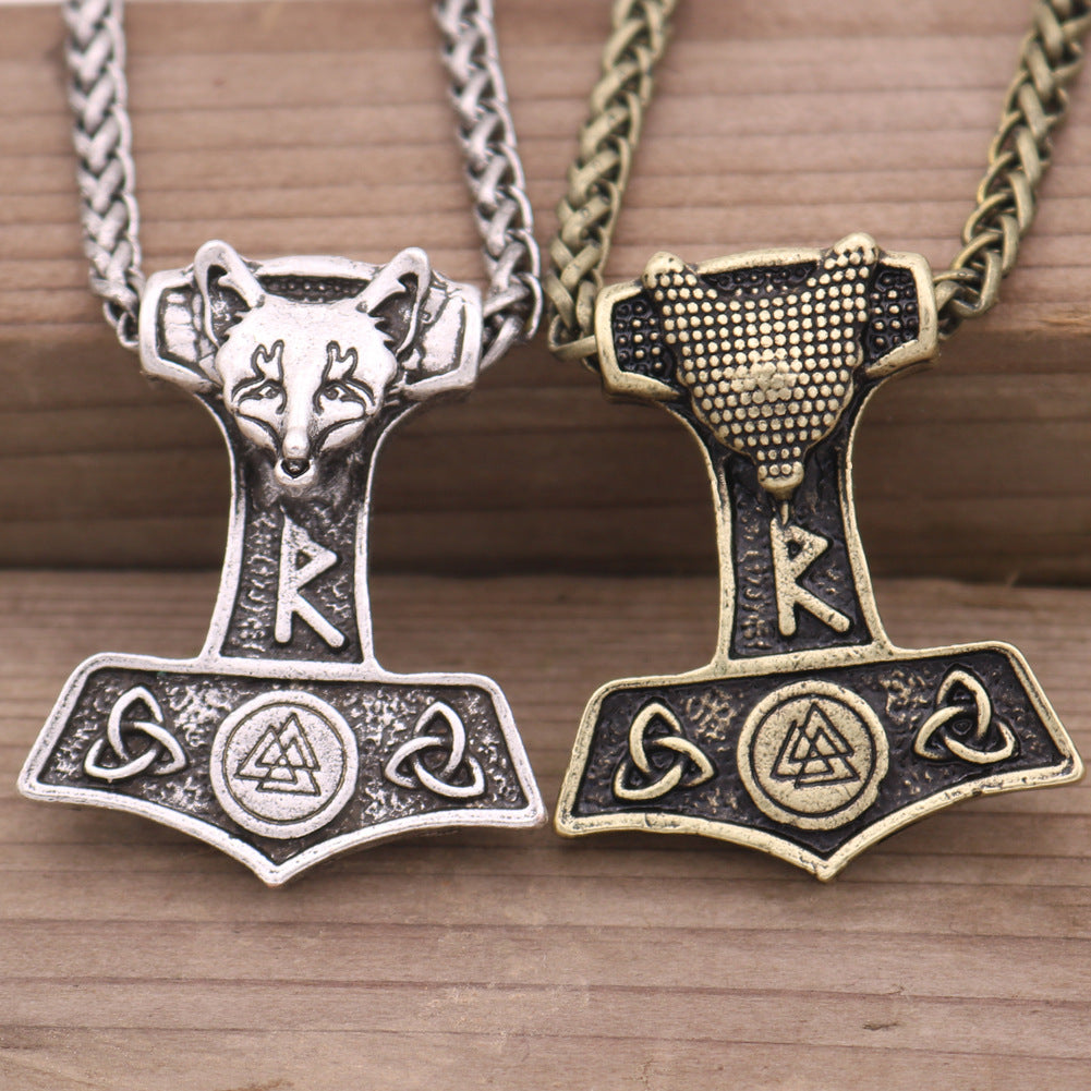 Viking Thor's Hammer Necklace with Norse Symbols - Men's Metal Amulet