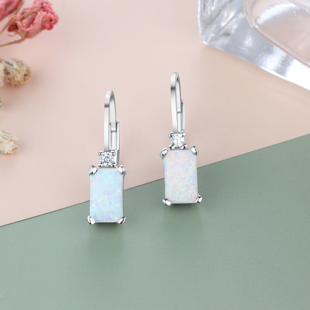 Rectangular Opal Small Zircon Sterling Silver Hoop Earrings