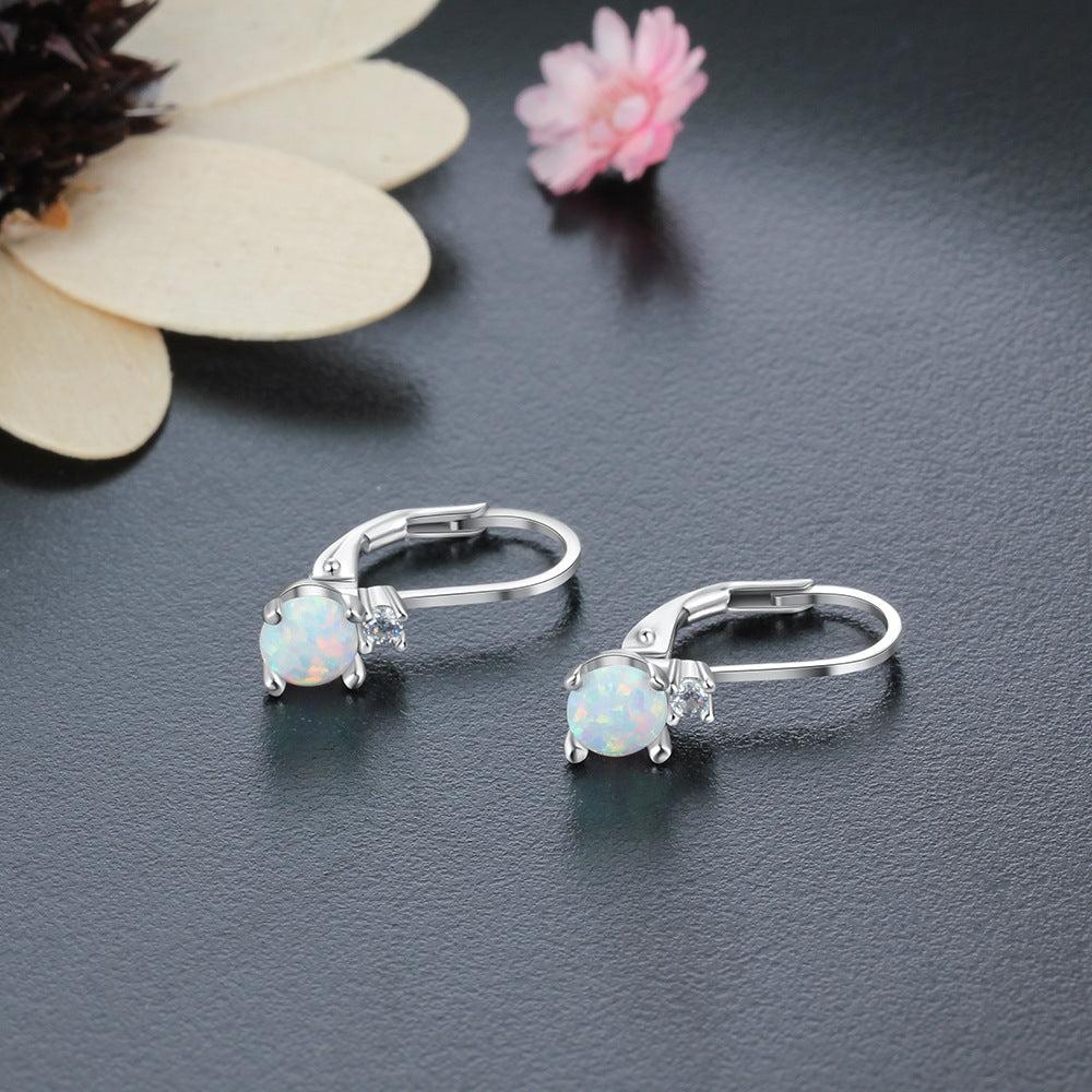 Round Opal with Small Zircon Sterling Silver Hoop Earrings