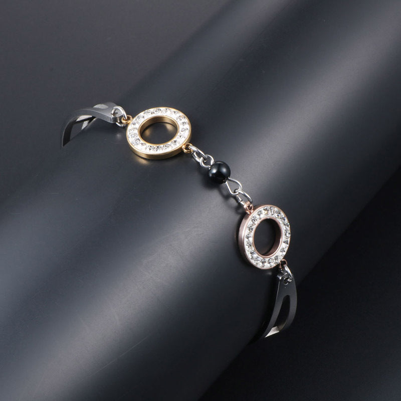 Korean Chic Women's Rose Gold Titanium Steel Obsidian Bracelet with Large Ring Design