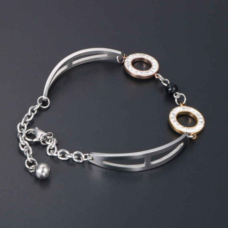 Korean Chic Women's Rose Gold Titanium Steel Obsidian Bracelet with Large Ring Design