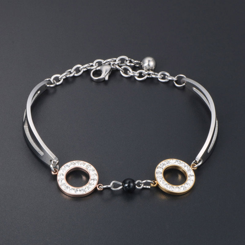 Korean Chic Women's Rose Gold Titanium Steel Obsidian Bracelet with Large Ring Design