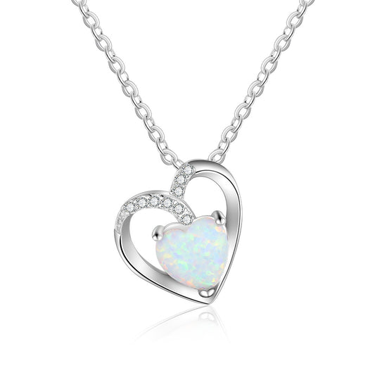 Hollow Heart Pendant with Heart Shape Opal Zircon Sterling Silver Necklace