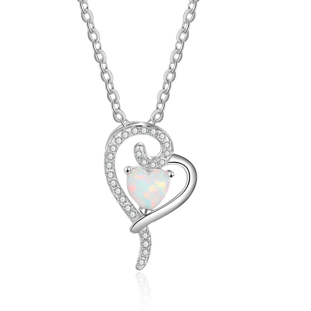 Oblique Heart Pendant with Heart Shape Opal Zircon Sterling Silver Necklace