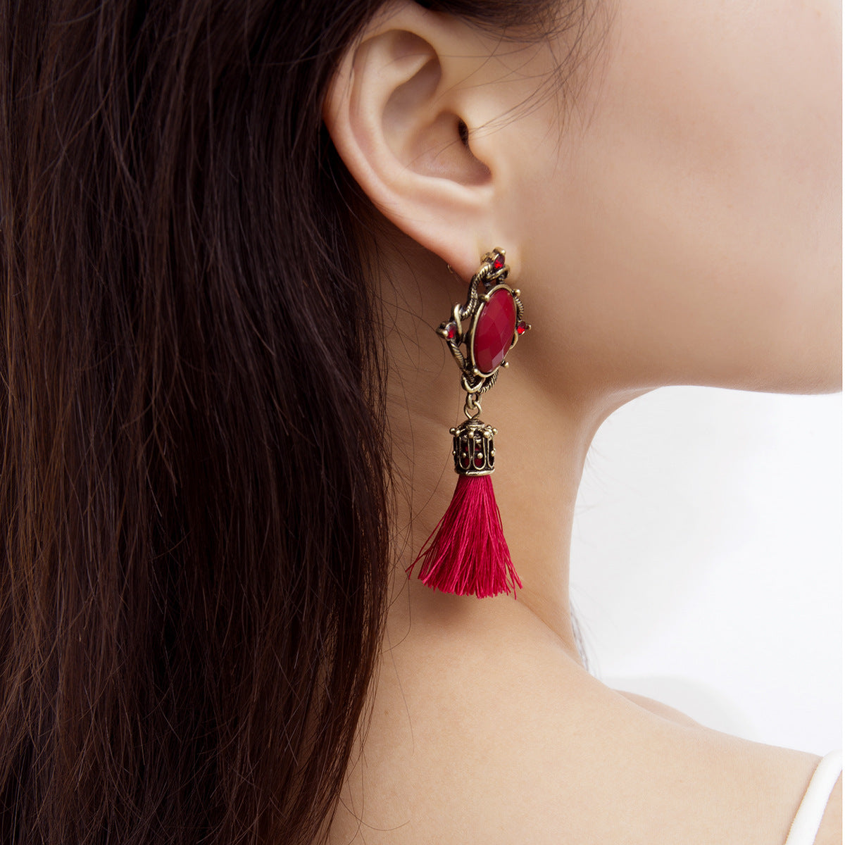 Bohemian Round Earrings with Diamond Pendant and Tassel Detail