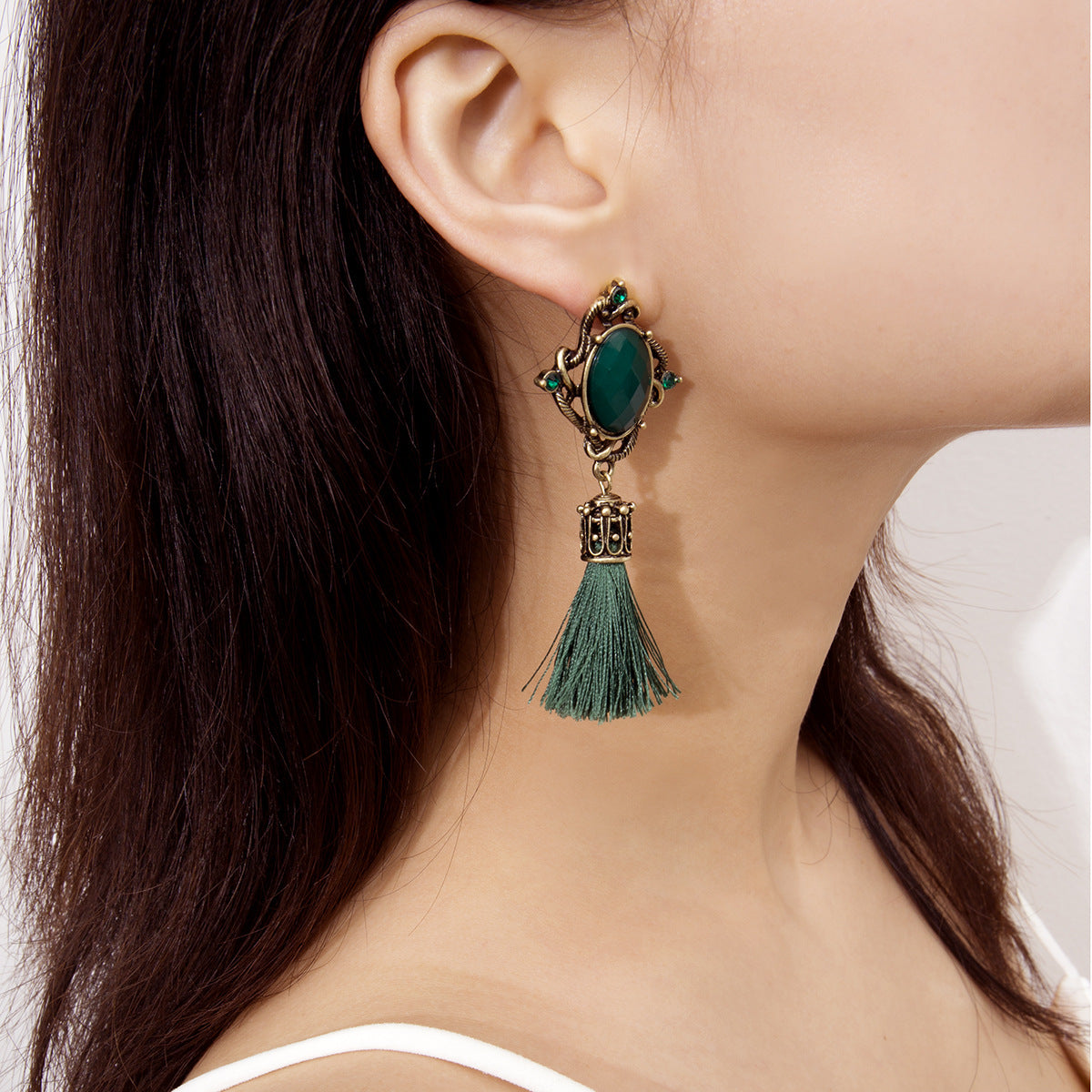 Bohemian Round Earrings with Diamond Pendant and Tassel Detail