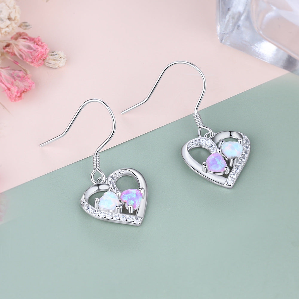 Zircon Heart Pendant Pink and White Heart Shape Opal Sterling Silver Hook Earrings