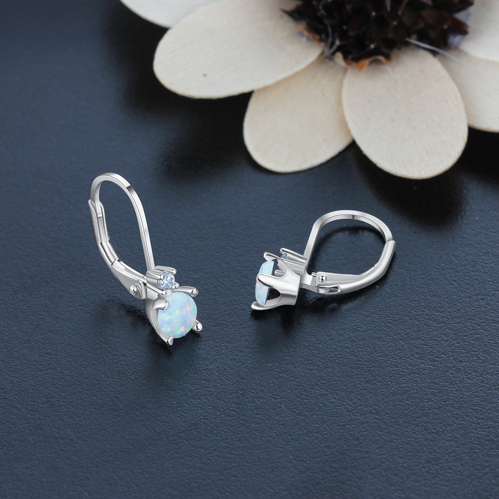 Round Opal with Small Zircon Sterling Silver Hoop Earrings