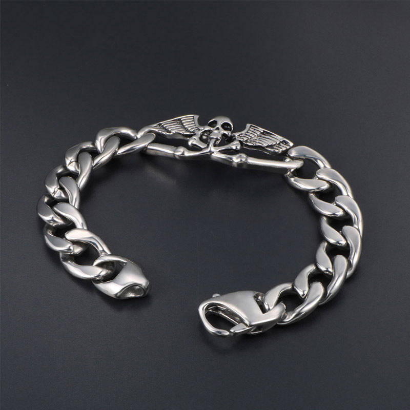 Edgy Unisex Titanium Steel Skull and Wing Bracelet for Bold Fashionistas