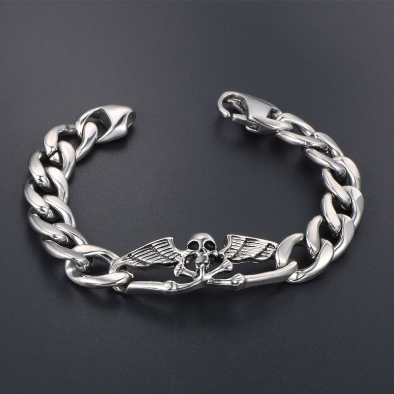 Edgy Unisex Titanium Steel Skull and Wing Bracelet for Bold Fashionistas