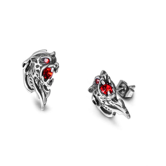 Titanium Steel Lion Stud Earrings with Zircon for Men and Women - Retro Hipster Style in Red and Black