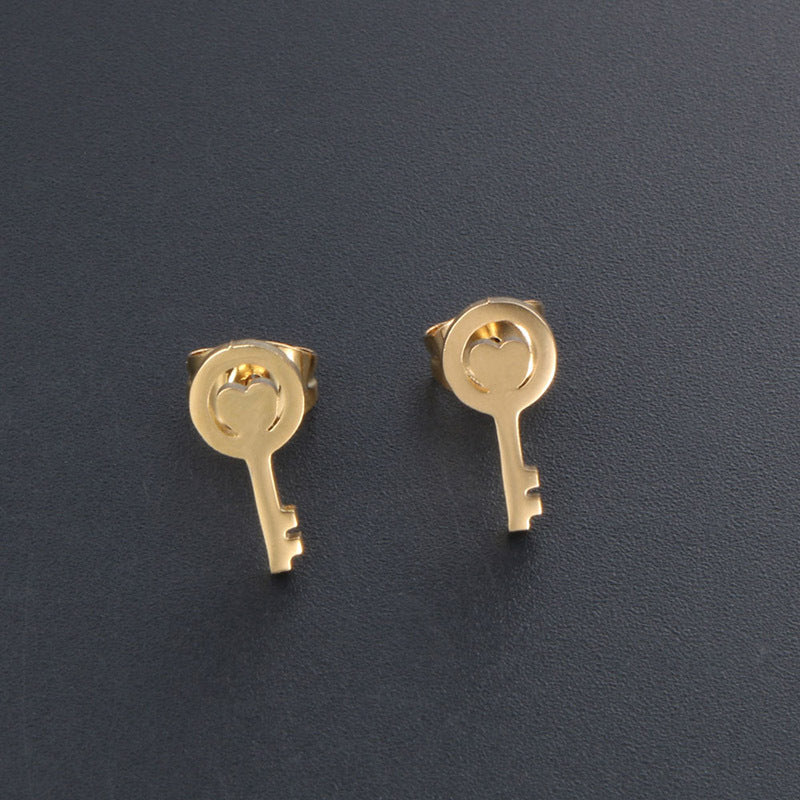 Chic 24K Gold-Plated Titanium Steel Key Stud Earrings - Modern Elegance Redefined