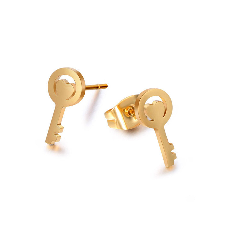 Chic 24K Gold-Plated Titanium Steel Key Stud Earrings - Modern Elegance Redefined