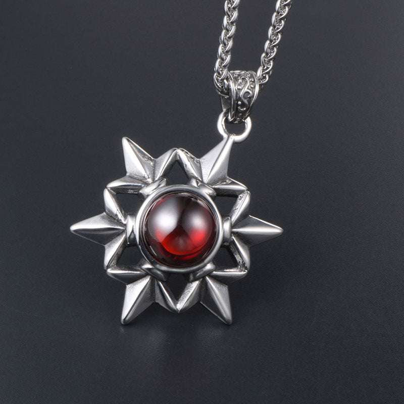 Retro Titanium Steel Red Stone Men's Necklace with Hexagram Pendant for Cross-Border E-Commerce