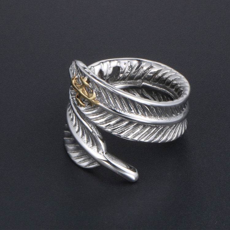 Men's Vintage Titanium Steel Feather Plated Rings - European and American Trendy Finger Jewelry