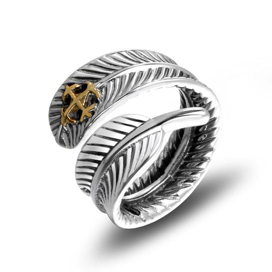 Men's Vintage Titanium Steel Feather Plated Rings - European and American Trendy Finger Jewelry