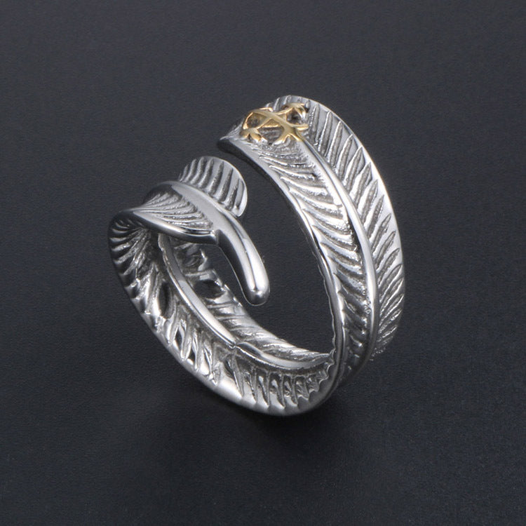 Men's Vintage Titanium Steel Feather Plated Rings - European and American Trendy Finger Jewelry