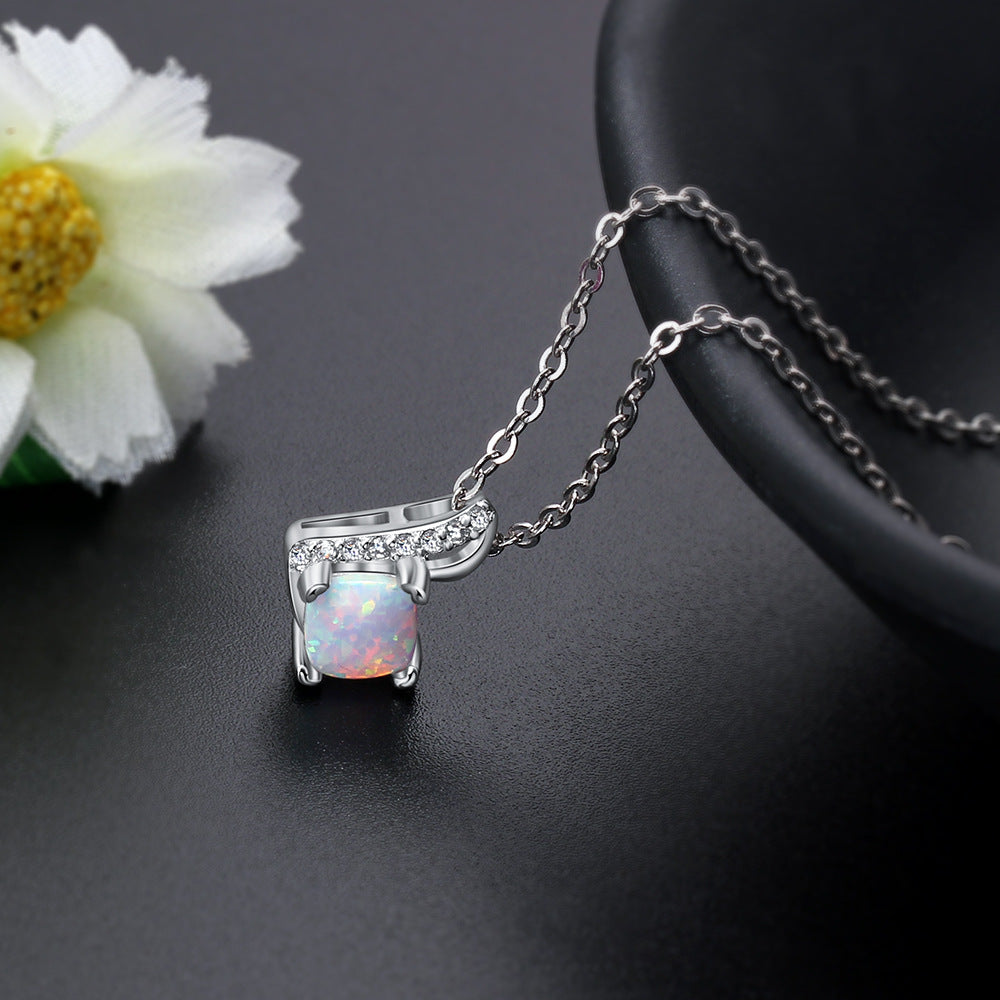 Heart Shape Four Prongs Square Opal Zircon Sterling Silver Necklace