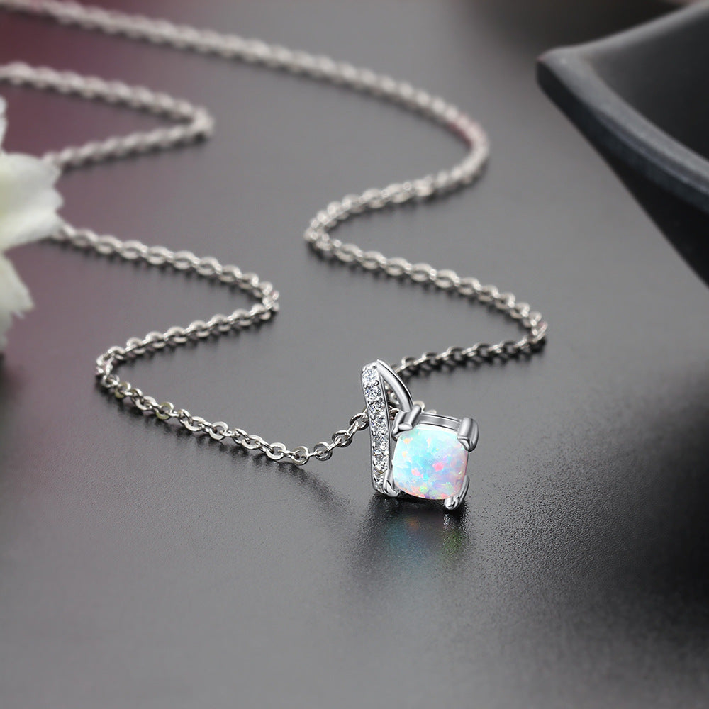 Heart Shape Four Prongs Square Opal Zircon Sterling Silver Necklace