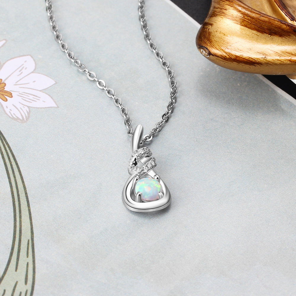 Spiral Water Droplet Round Opal Zircon Sterling Silver Necklace