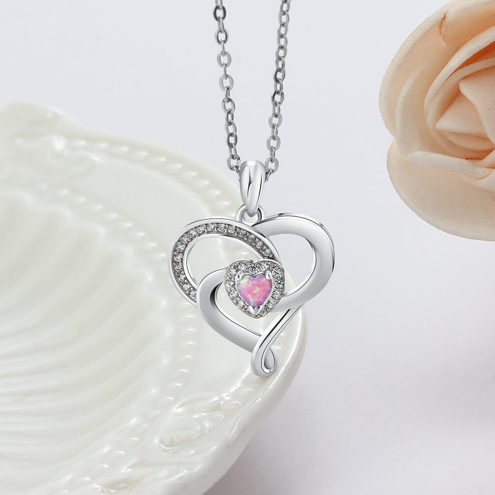 Spiral Heart Pendant with Pink Heart Shape Opal Zircon Sterling Silver Necklace