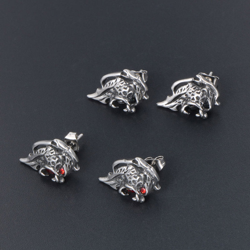 Titanium Steel Lion Stud Earrings with Zircon for Men and Women - Retro Hipster Style in Red and Black