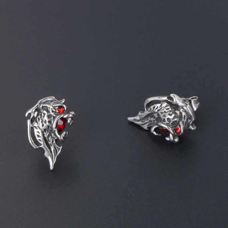 Titanium Steel Lion Stud Earrings with Zircon for Men and Women - Retro Hipster Style in Red and Black