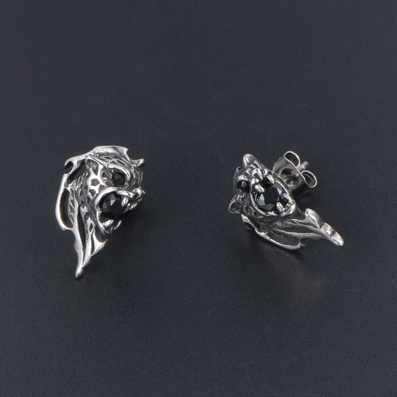 Titanium Steel Lion Stud Earrings with Zircon for Men and Women - Retro Hipster Style in Red and Black