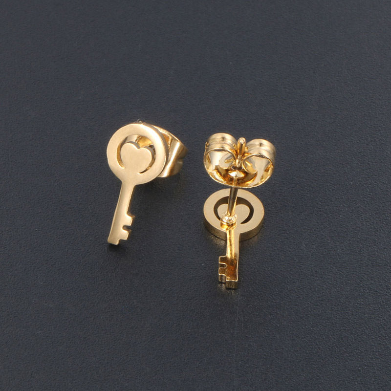 Chic 24K Gold-Plated Titanium Steel Key Stud Earrings - Modern Elegance Redefined