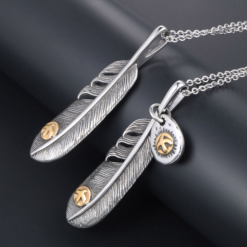 Trendy Titanium Steel Feather Pendant Set for Men and Women - Fashionable Everyday Necklace