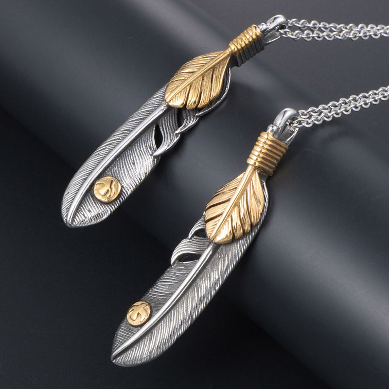 Trendy Vintage Gold Dot Eagle Feather Couple Pendant Necklace for Men and Women