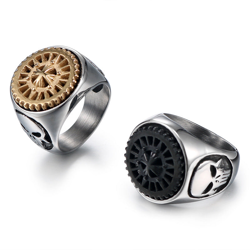 Titanium Steel Skull Ring for Men - European and American Retro Rotatable Gear Design