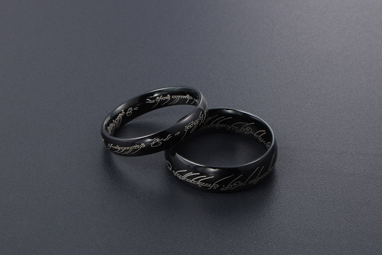 Personalized Gold-Plated Black Titanium Steel Couple Ring with Sanskrit Design for Men