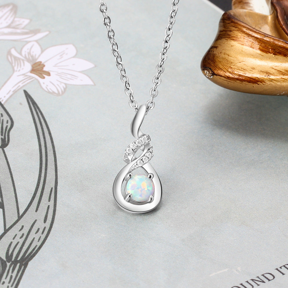 Spiral Water Droplet Round Opal Zircon Sterling Silver Necklace