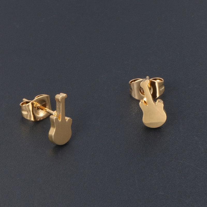 Elegant 24K Gold-Plated Guitar Stud Earrings in Durable Titanium Steel for Men