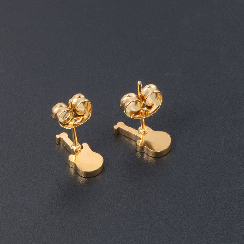 Elegant 24K Gold-Plated Guitar Stud Earrings in Durable Titanium Steel for Men