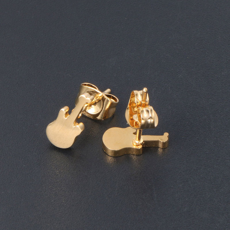 Elegant 24K Gold-Plated Guitar Stud Earrings in Durable Titanium Steel for Men