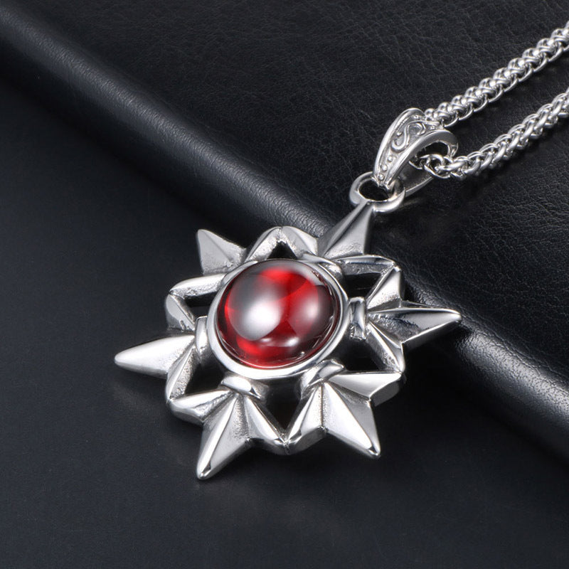 Retro Titanium Steel Red Stone Men's Necklace with Hexagram Pendant for Cross-Border E-Commerce