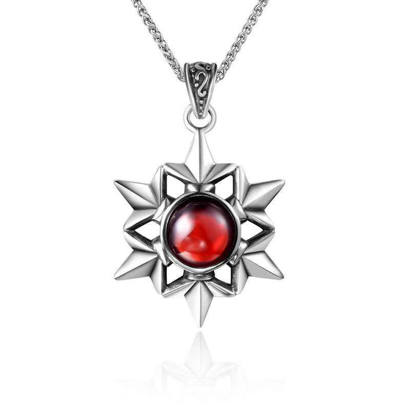 Retro Titanium Steel Red Stone Men's Necklace with Hexagram Pendant for Cross-Border E-Commerce