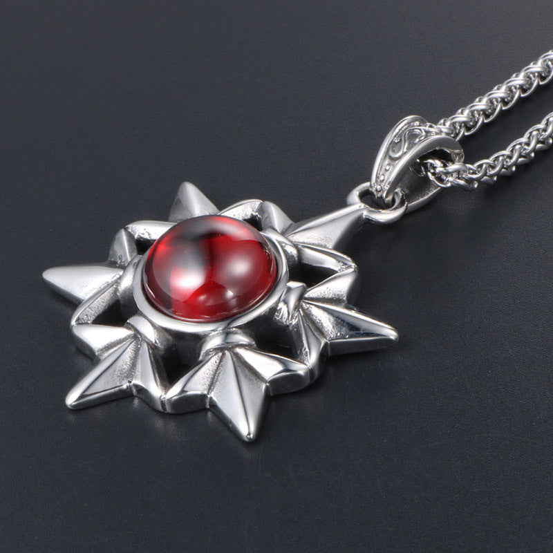 Retro Titanium Steel Red Stone Men's Necklace with Hexagram Pendant for Cross-Border E-Commerce