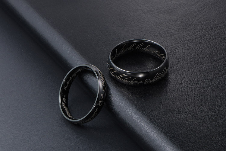 Personalized Gold-Plated Black Titanium Steel Couple Ring with Sanskrit Design for Men