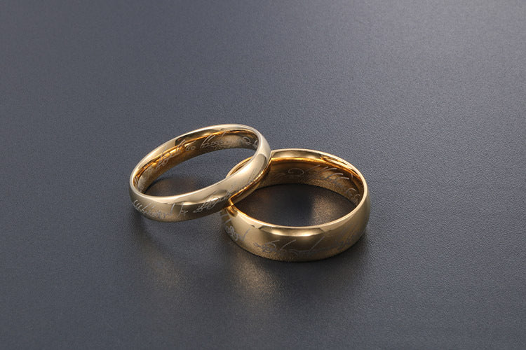 Personalized Gold-Plated Black Titanium Steel Couple Ring with Sanskrit Design for Men