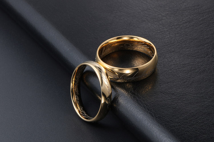 Personalized Gold-Plated Black Titanium Steel Couple Ring with Sanskrit Design for Men