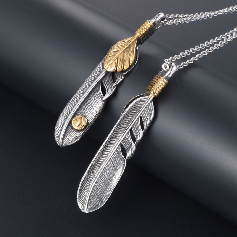 Trendy Vintage Gold Dot Eagle Feather Couple Pendant Necklace for Men and Women