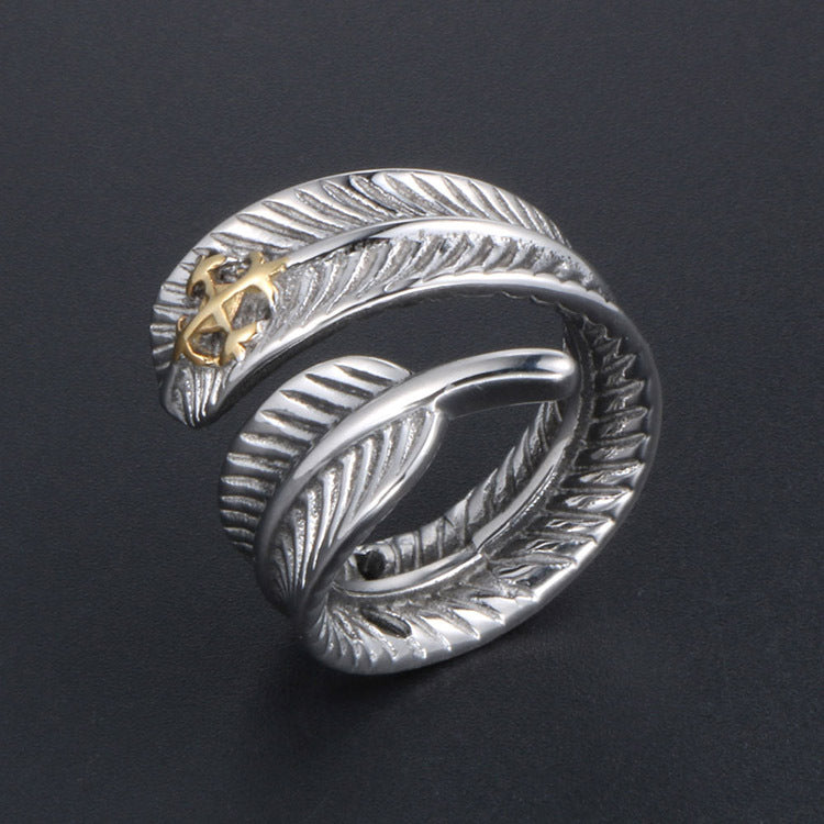 Men's Vintage Titanium Steel Feather Plated Rings - European and American Trendy Finger Jewelry